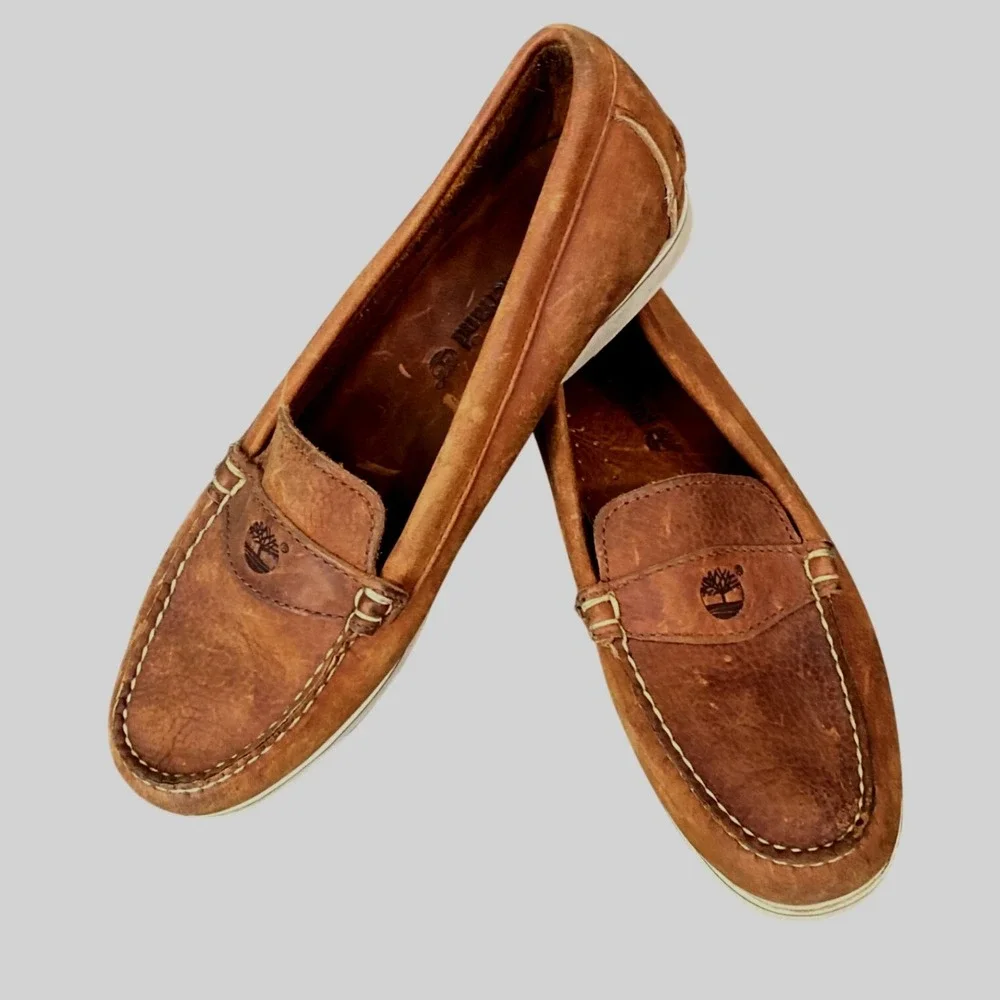 Timberland Brown Leather Nautical Boat Shoes Moc Toe Slip On Loafers 8M Preppy
